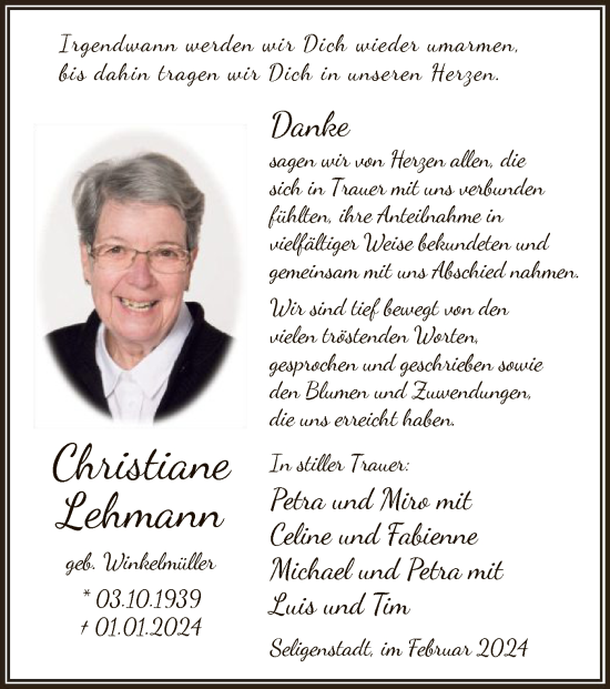 Todesanzeige von Christine Lehmann von OF