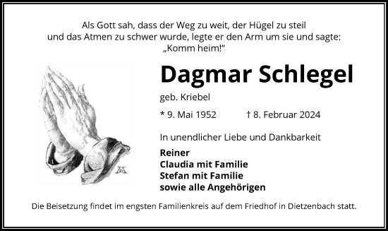Todesanzeige von Dagmar Schlegel von OF
