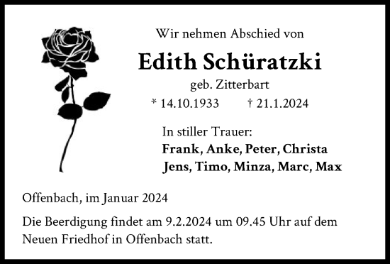 Todesanzeige von Edith Schüratzki von OF