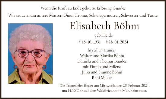 Todesanzeige von Elisabeth Böhm von OF