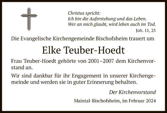 Todesanzeige von Elke Teuber-Hoedt von OF