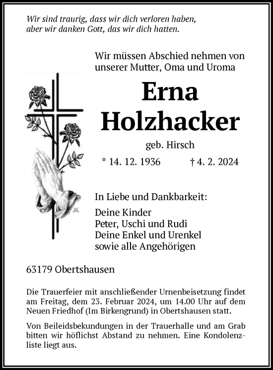 Todesanzeige von Erna Holzhacker von OF