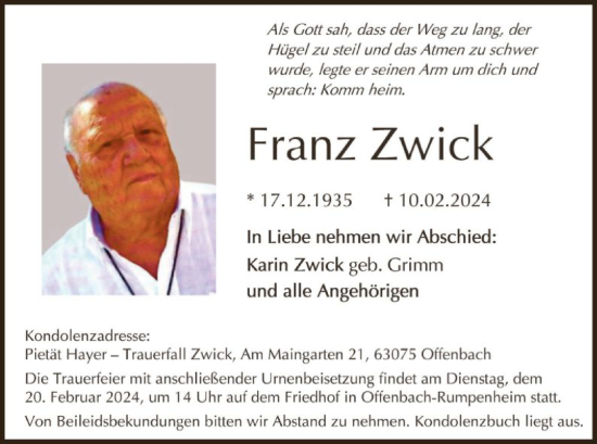 Todesanzeige von Franz Zwick von OF