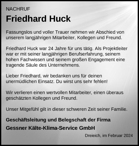 Todesanzeige von Friedhard Huck von OF