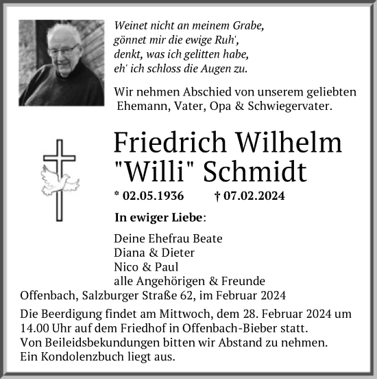 Todesanzeige von Friedrich Wilhelm Schmidt von OF