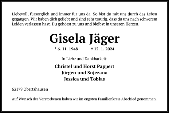 Todesanzeige von Gisela Jäger von OF