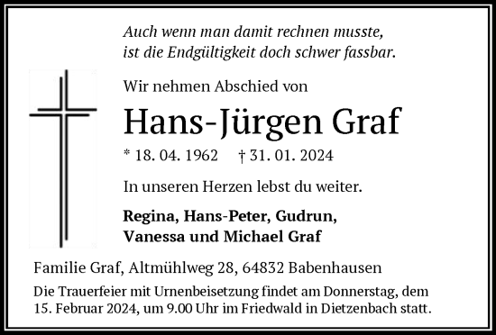 Todesanzeige von Hans-Jürgen Graf von OF