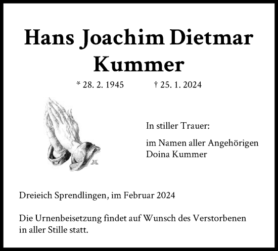 Todesanzeige von Hans Joachim Dietmar Kummer von OF