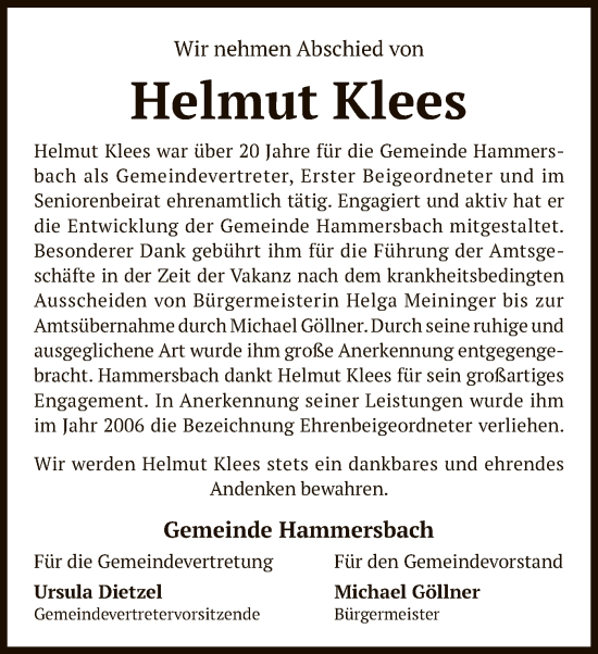 Todesanzeige von Helmut Klees von OF