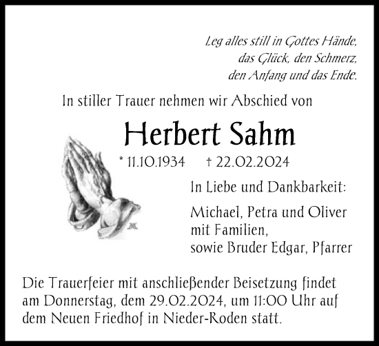 Todesanzeige von Herbert Sahm von OF