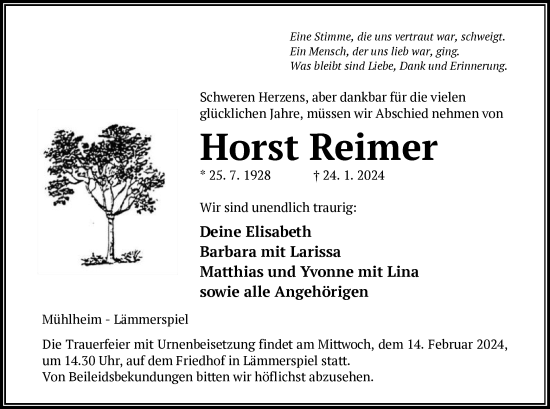 Todesanzeige von Horst Reimer von OF