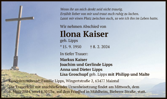 Todesanzeige von Ilona Kaiser von OF
