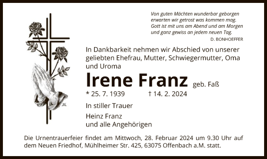 Todesanzeige von Irene Franz von OF