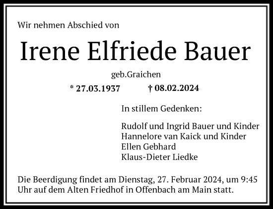 Todesanzeige von Irene Elfriede Bauer von OF