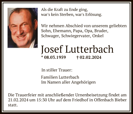 Todesanzeige von Josef Lutterbach von OF
