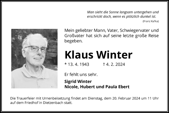 Todesanzeige von Klaus Winter von OF