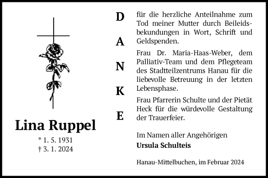 Todesanzeige von Lina Ruppel von OF