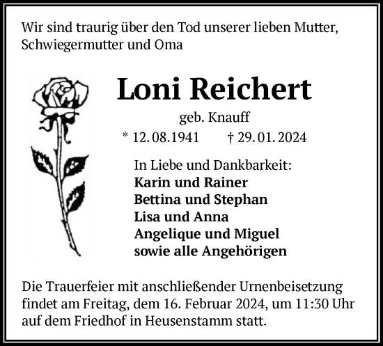 Todesanzeige von Loni Reichert von OF