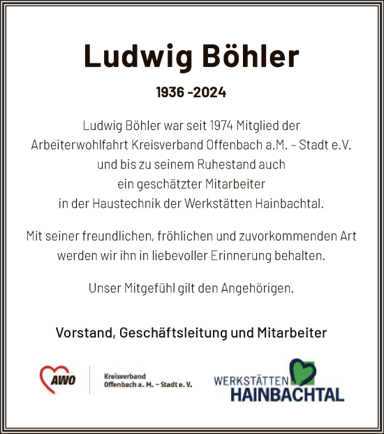 Todesanzeige von Ludwig Böhler von OF