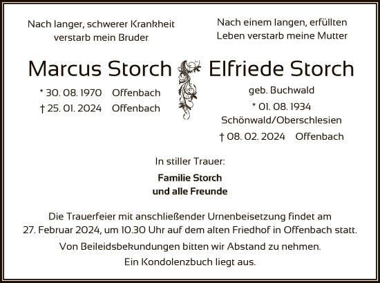 Todesanzeige von Marcus und Elfriede Storch von OF