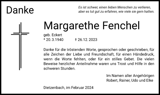 Todesanzeige von Margarethe Fenchel von OF