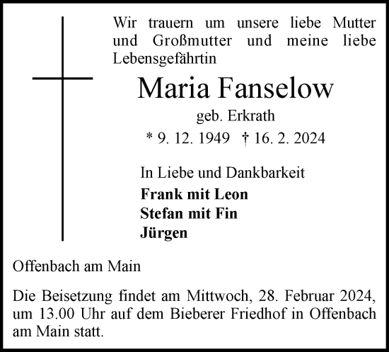 Todesanzeige von Maria Fanselow von OF