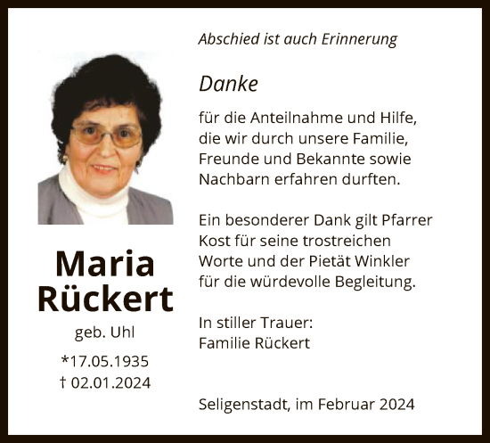 Todesanzeige von Maria Rückert von OF