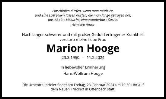 Todesanzeige von Marion Hooge von OF
