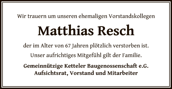 Todesanzeige von Matthias Resch von OF