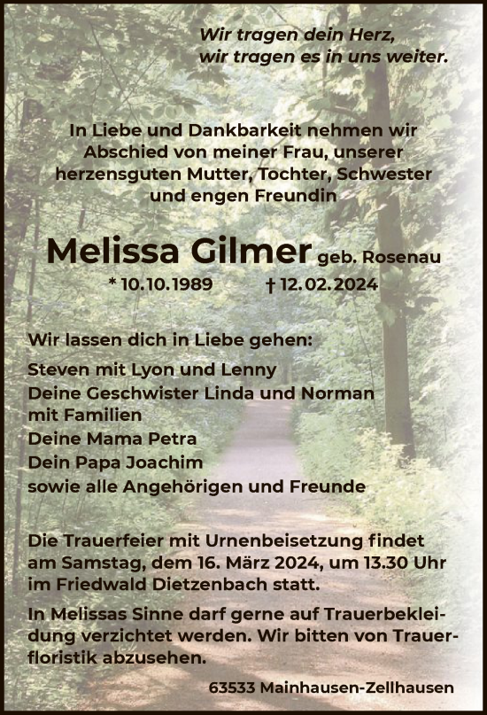 Todesanzeige von Melissa Gilmer von OFOF