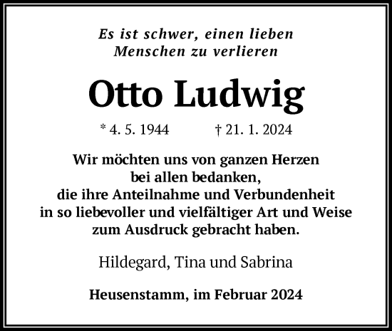 Todesanzeige von Otto Ludwig von OF