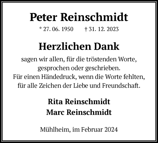 Todesanzeige von Peter Reinschmidt von OF