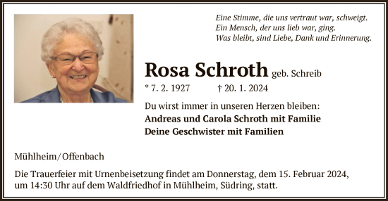 Todesanzeige von Rosa Schroth von OF