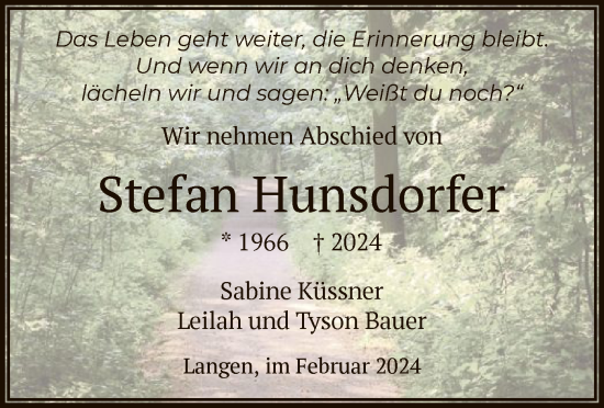 Todesanzeige von Stefan Hunsdorfer von OF