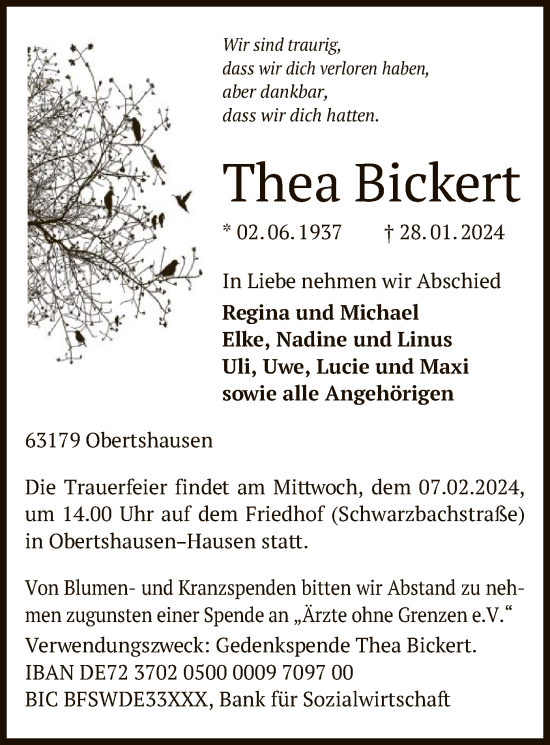 Todesanzeige von Thea Bickert von OF