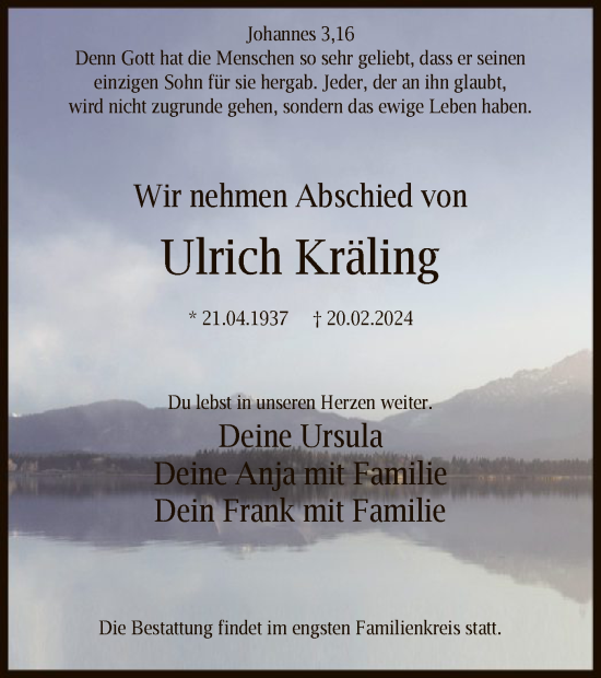 Todesanzeige von Ulrich Kräling von OF