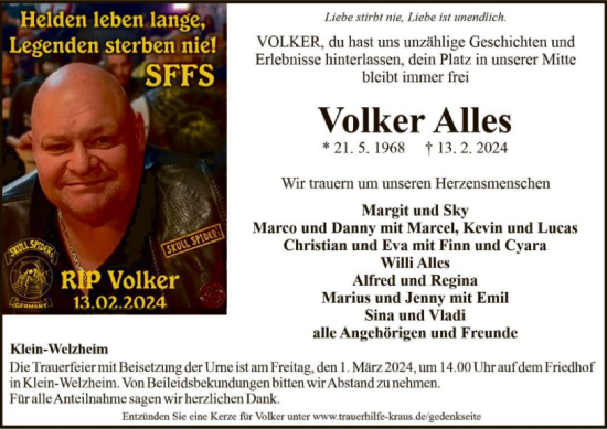 Todesanzeige von Volker Alles von OF