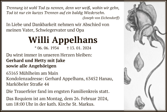 Todesanzeige von Willi Appelhans von OF