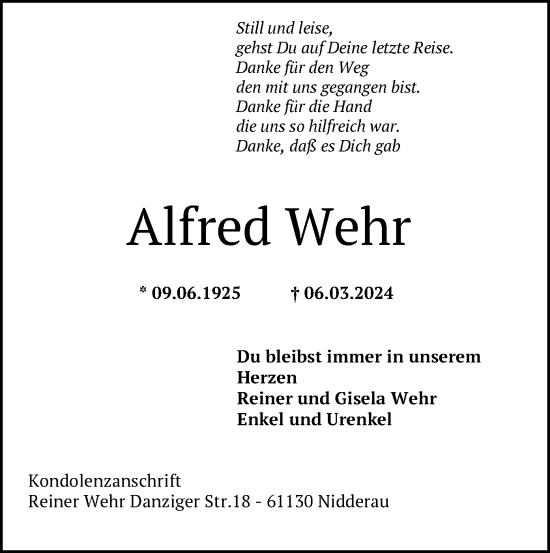 Todesanzeige von Alfred Wehr von OF