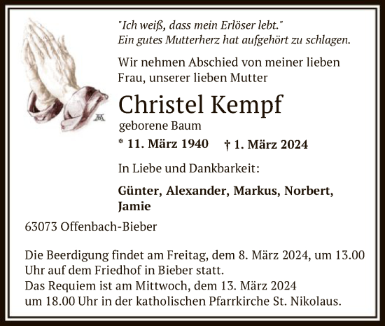 Todesanzeige von Christel Kempf von OF