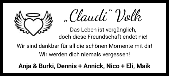 Todesanzeige von Claudi Volk von OF