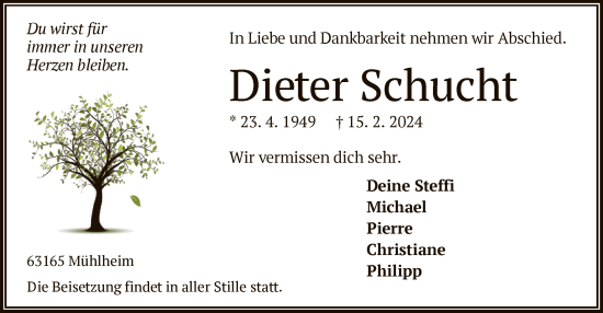 Todesanzeige von Dieter Schucht von OF