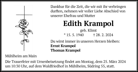 Todesanzeige von Edith Krampol von OF