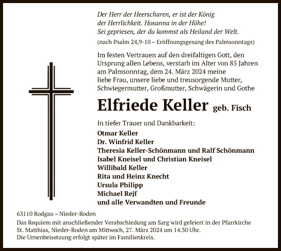 Todesanzeige von Elfriede Keller von OF