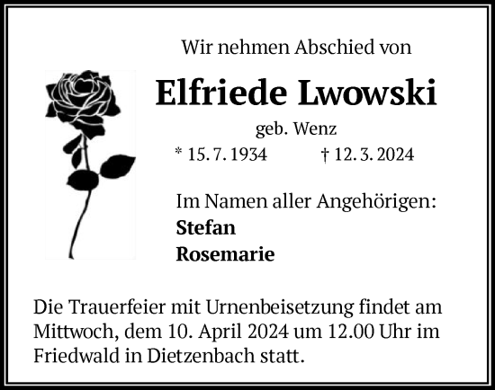 Todesanzeige von Elfriede Lwowski von OF