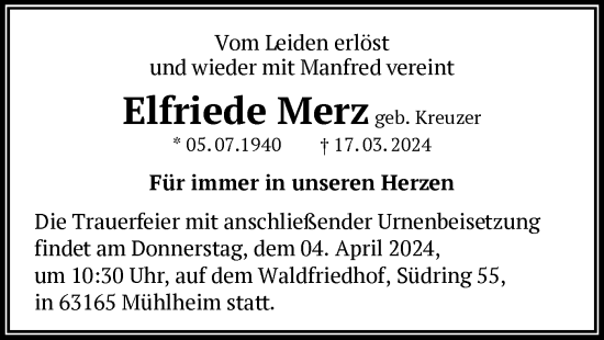 Todesanzeige von Elfriede Merz von OF