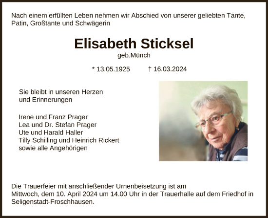 Todesanzeige von Elisabeth Sticksel von OF