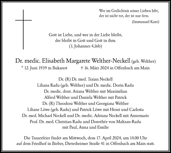 Todesanzeige von Elisabeth Margarete Welther-Neckell von OF