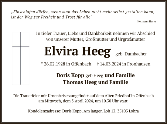 Todesanzeige von Elvira Heeg von OF