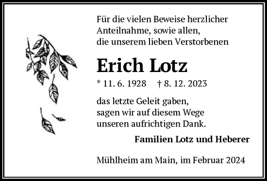 Todesanzeige von Erich Lotz von OF